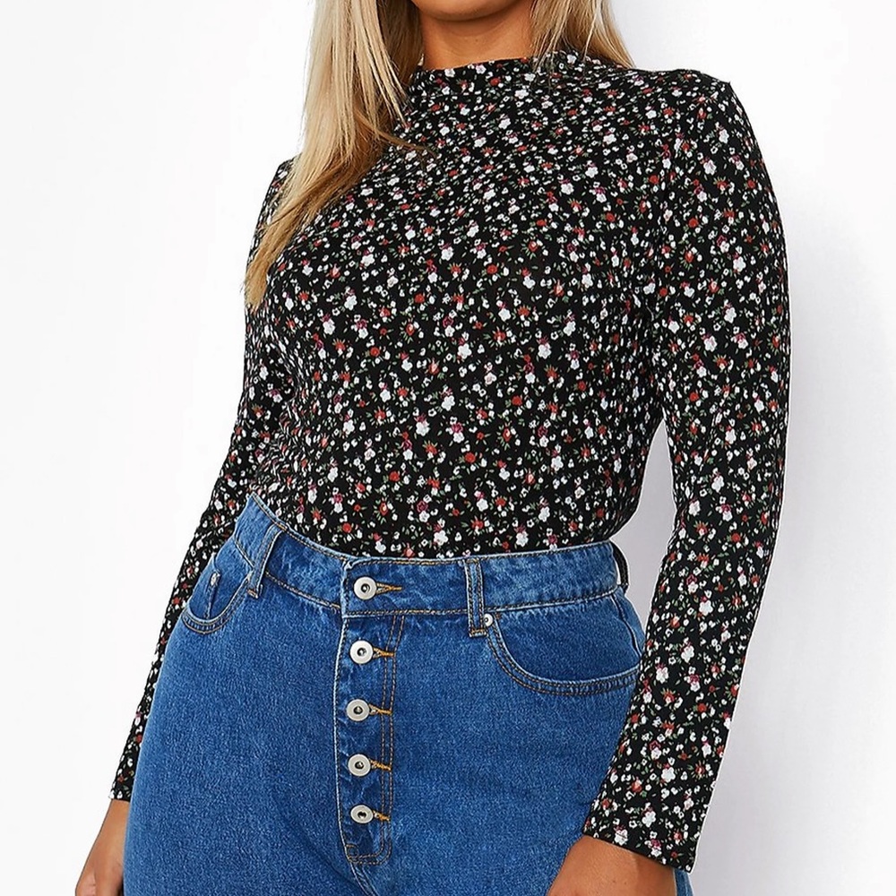 NWOT Black Floral Mock Neck Top